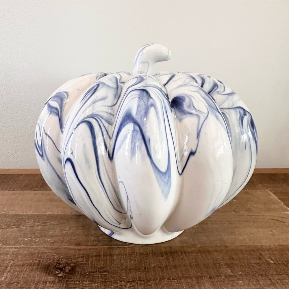 Marbled Delft Blue & White Heavy Ceramic Pumpkin with Stem Autumn Fall Decor 7”